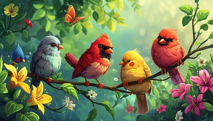 A picturesque gathering of colorful birds perched on a branch amidst vibrant flowers and lush greenery, glowing with morning light.