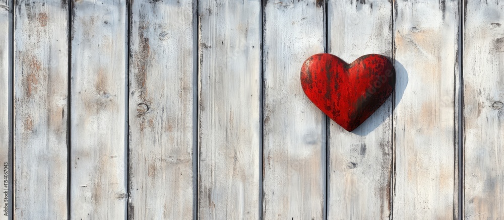 Aufkleber red heart on rustic white wooden boards creating a romantic background with ample space for text or 