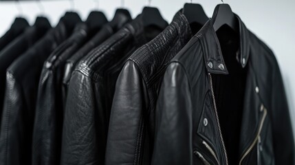 Stylish collection of black leather jackets and sweaters hanging in a modern retail environment showcasing fashion trends