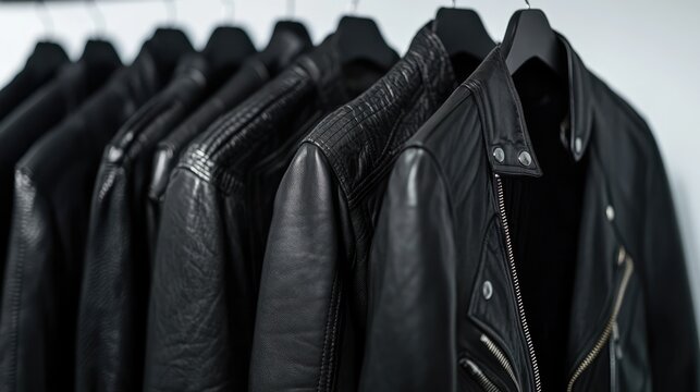 Stylish collection of black leather jackets and sweaters hanging in a modern retail environment showcasing fashion trends