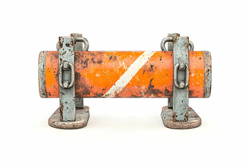 Rusty Industrial Pipe with Orange and White Stripes on White Background, Equipment for Construction or Maintenance Use