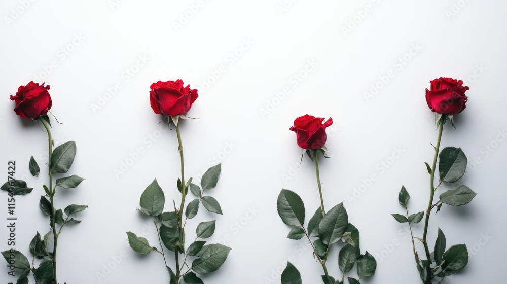 Poster elegant red roses with green leaves arranged in a row isolated against a clean white background perf