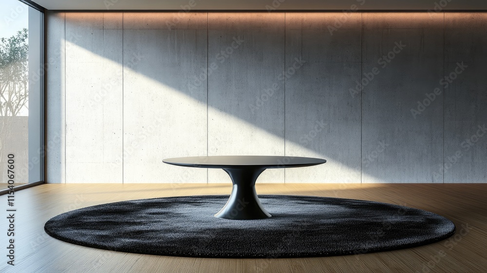 Poster modern round table on carpet in minimalist empty room with wooden floor and large window casting nat
