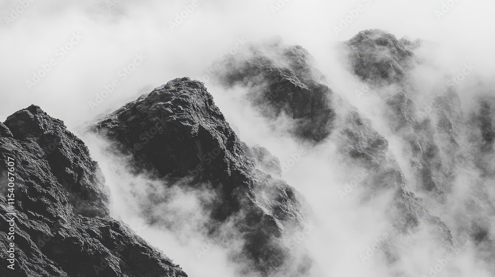 Poster dramatic black and white view of rugged cliffs partially shrouded in mist and clouds creating a myst