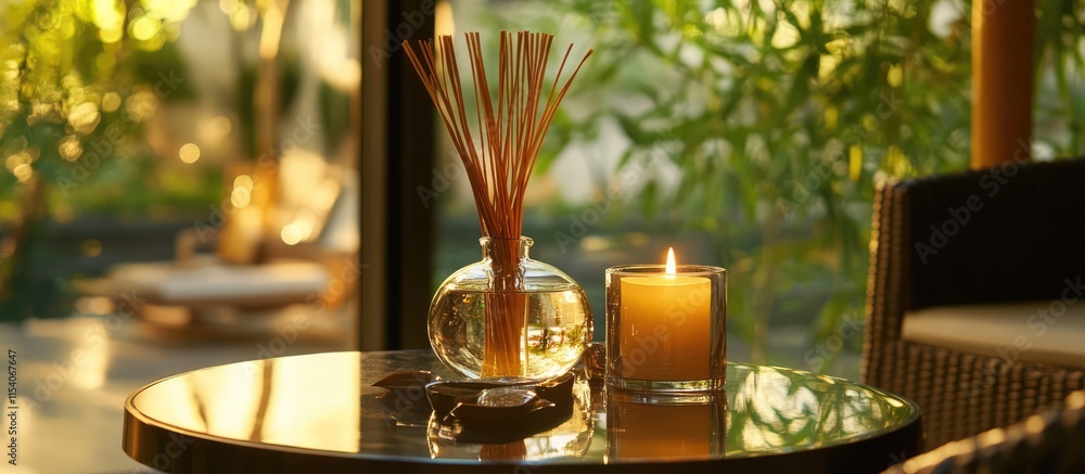Poster stylish indoor table with reed air fresheners and scented candle creating a fragrant and serene ambi