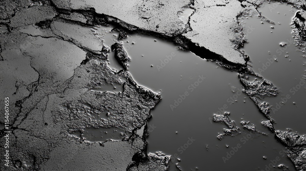 Poster textured bitumen surface with cracks and pools of water in shades of grey suitable for background or