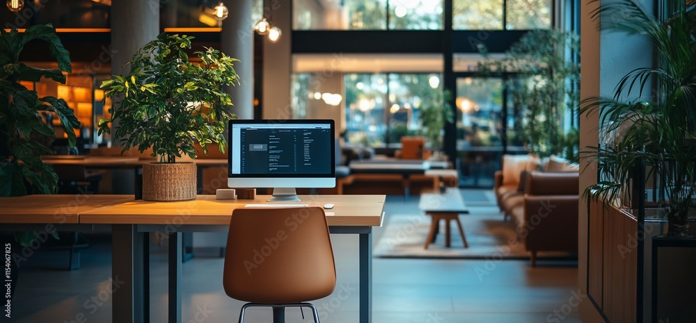 Wall mural Modern workspace with computer, plants, and comfortable seating in a contemporary office.