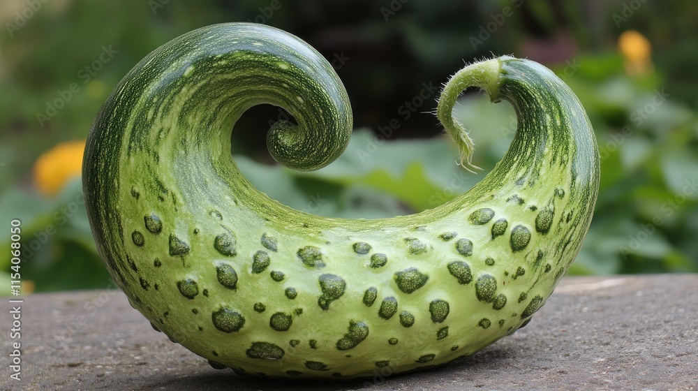 Poster curved and unique cucumber with distinctive texture and shape on rustic background