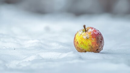 Fallen decomposed apple resting on pristine snow surface in tranquil winter landscape