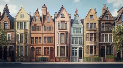 Fototapeta premium Colorful row of historical townhouses showcasing architectural details and charm in a picturesque urban setting.