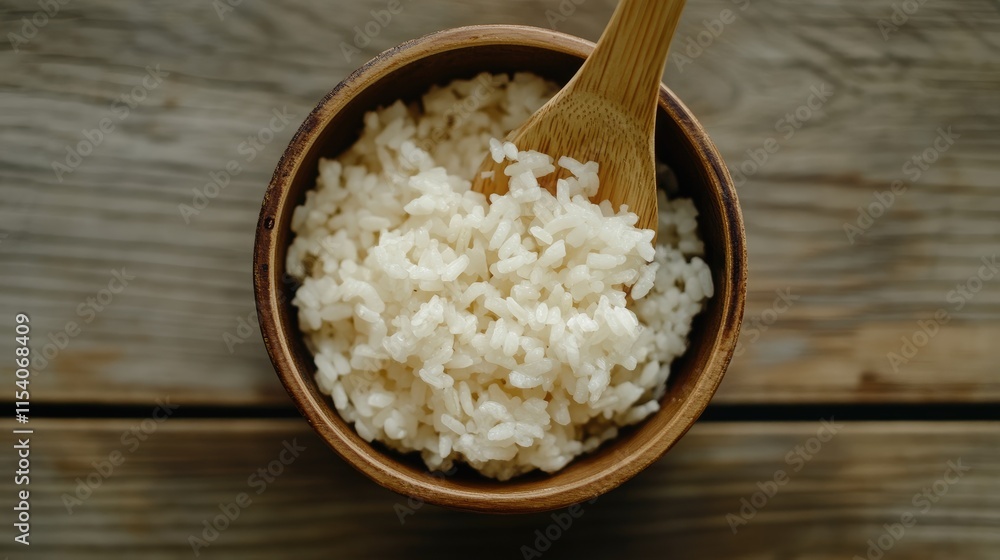 Poster round rice served in a rustic wooden cup with a spoon on a textured wooden table captured from a mac