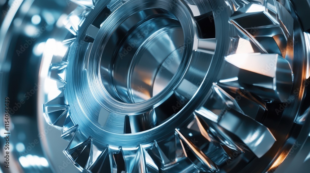 Poster close-up view of a meticulously designed rotating gear in an automated machining lathe showcasing pr