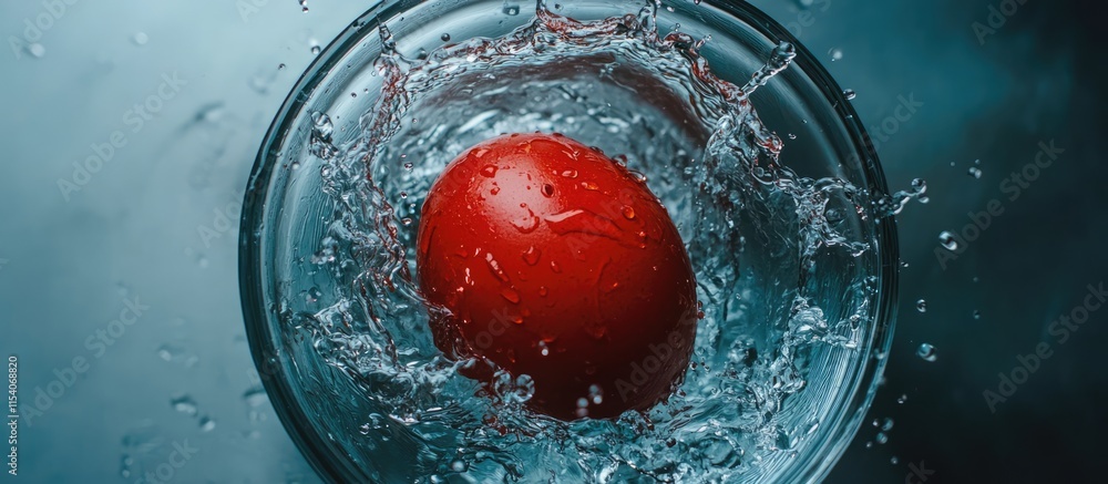 Poster red easter egg creating splash in water bowl from an overhead perspective highlighting vibrant color