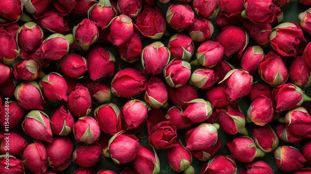 Aufkleber rosebuds arranged in a beautiful flat lay pattern creating an elegant decorative background for vari