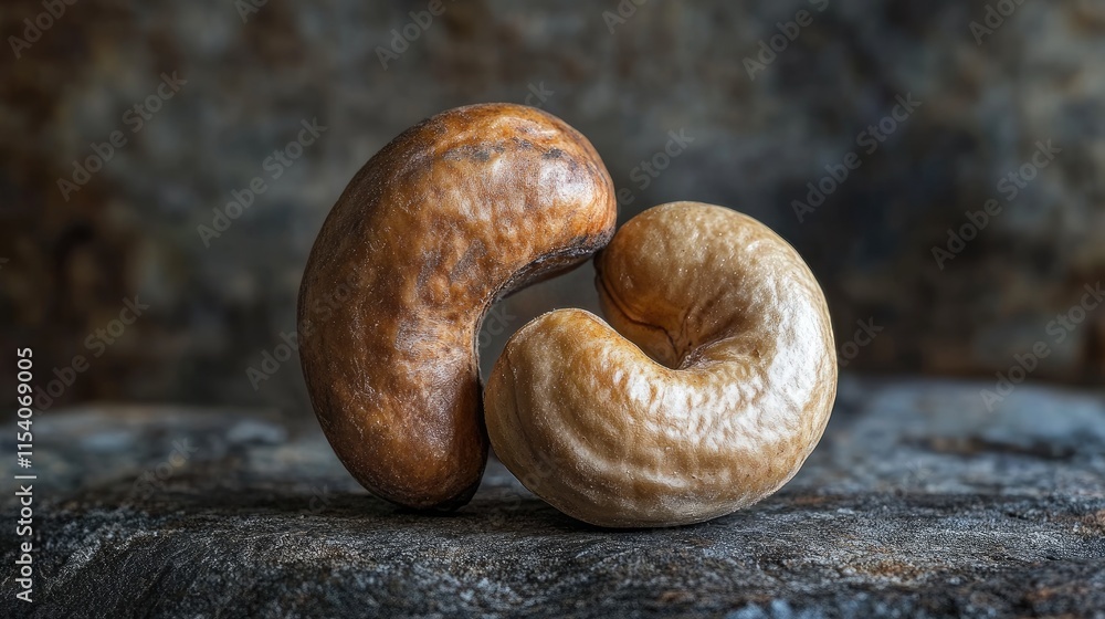 Poster raw cashew nuts featured on textured background showcasing natural color and shape highlighting the 