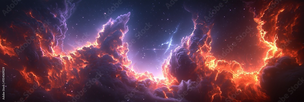 Poster fiery nebula clouds illuminate cosmos breathtaking display of celestial energy and color