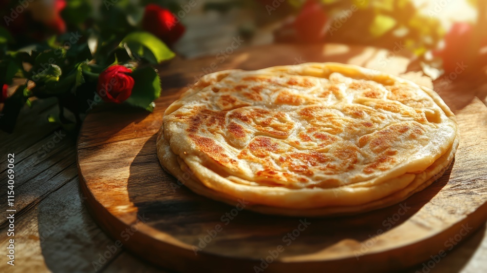 Poster roti rose on rustic wooden table with sunlight flare and fresh roses creating a warm and inviting at