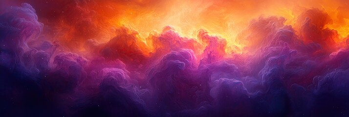 Naklejka premium Vibrant cosmic cloudscape swirling hues of purple orange pink celestial dreamscape