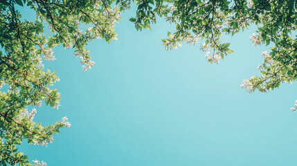 Obraz premium Park pod czystym, błękitnym letnim niebem, z zielonymi trawnikami i drzewami w tle, oferujący szeroką przestrzeń na tekst.