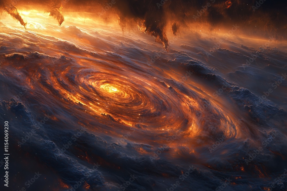 Poster fiery cosmic swirl nebula space intense colors swirling patterns dramatic celestial scene