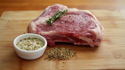 Raw dry aged T-bone steak with seasoning and fresh rosemary on a wooden cutting board ideal for culinary presentations and advertisements.