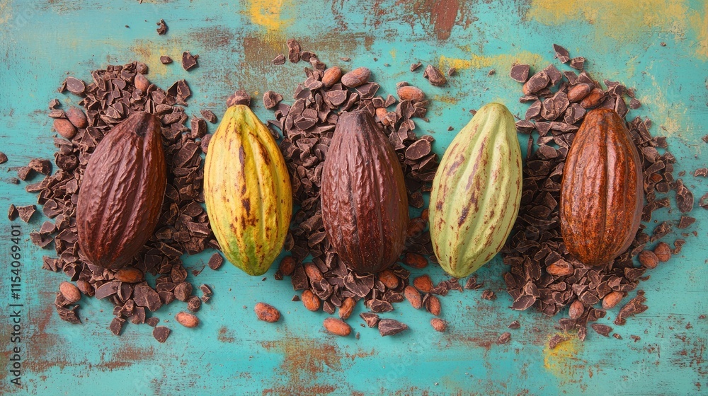 Poster cacao pods and raw chocolate nibs arranged on a colorful rustic background showcasing the origins of