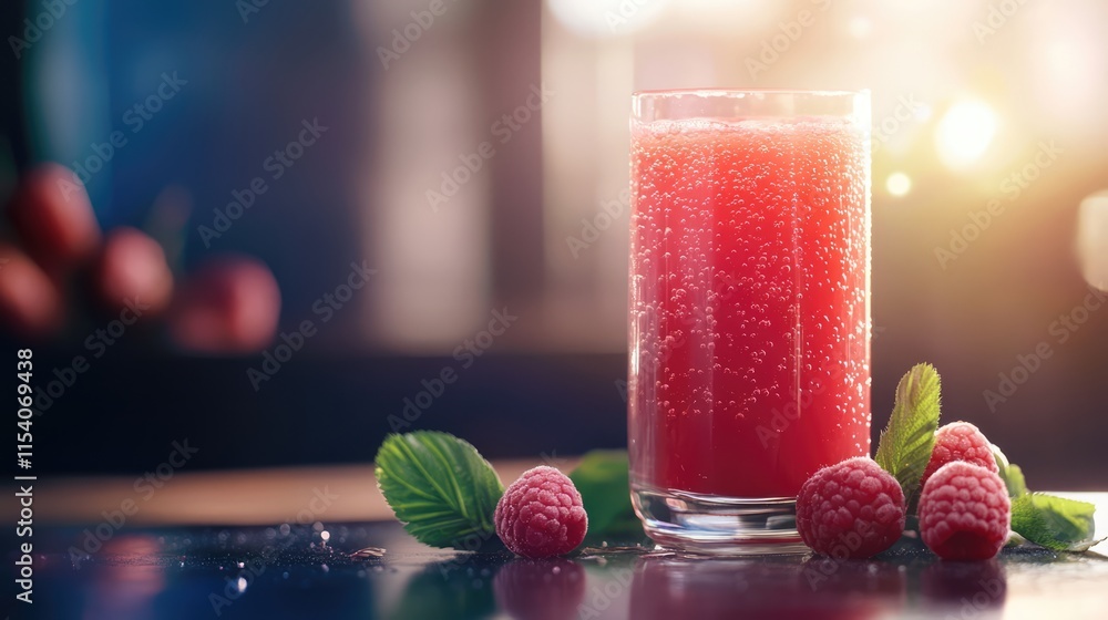 Aufkleber raspberry juice in a glass with fresh raspberries and mint leaves on a blurred background creating a