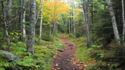 Scenic Forest Pathway Surrounded by Lush Greenery and Autumn Foliage Trail in Nature Wildlife Landscape
