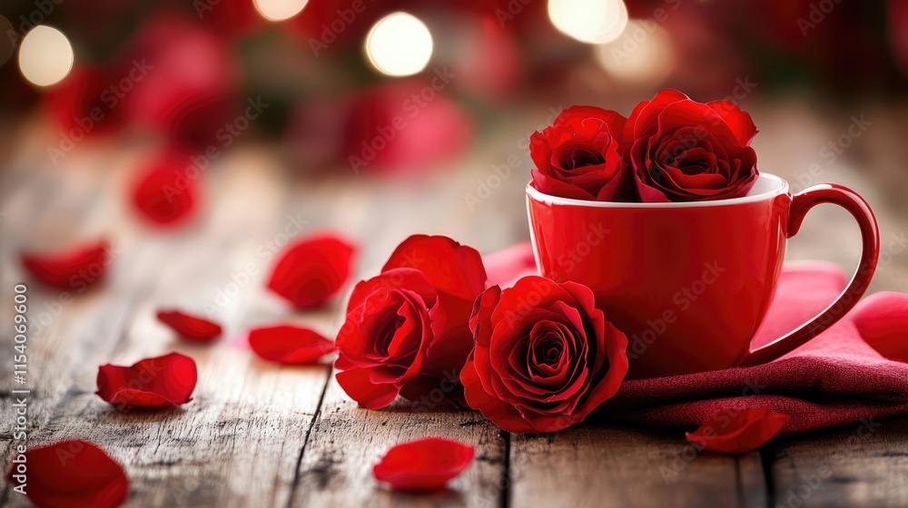 Poster red roses in a cup with scattered petals on a wooden table surrounded by soft bokeh lights creating 