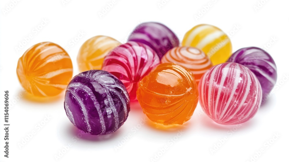 Poster vibrant assorted round candies in various colors arranged on a clean white background showcasing the