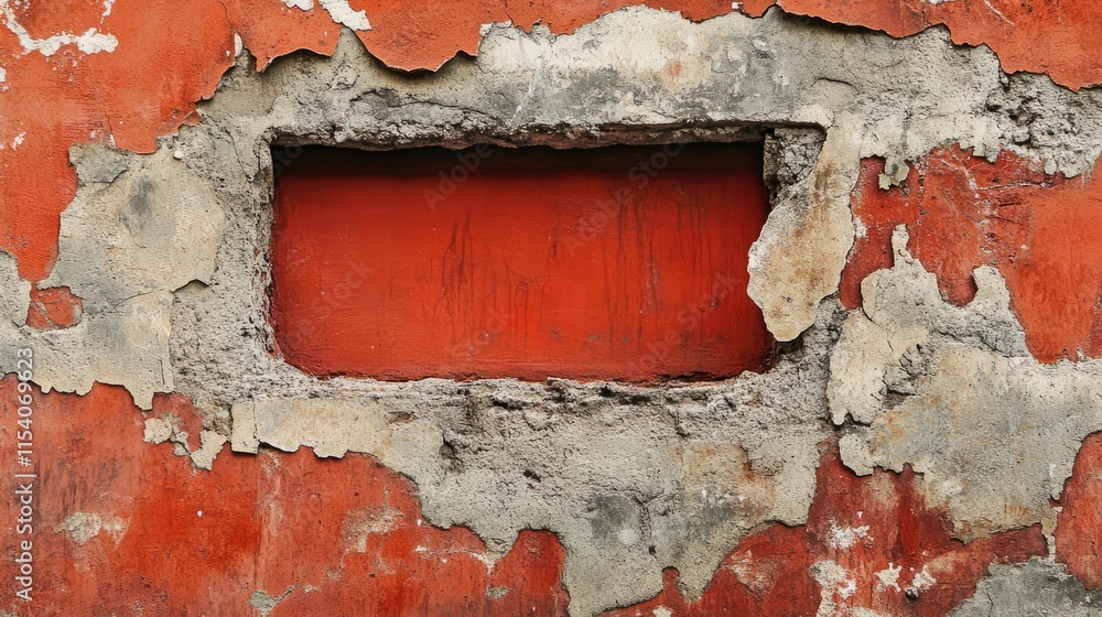 Poster textured red concrete wall with rough patches and exposed areas creating a vintage distressed backgr