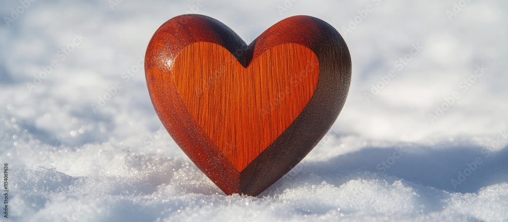 Poster red wooden heart on white artificial snow with snowflakes providing an empty space for text or graph