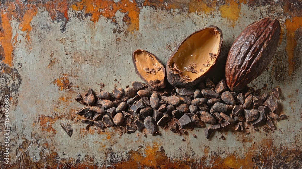 Poster raw cacao nibs cocoa beans and cracked cocoa pod on rustic vintage painted surface with textured bac