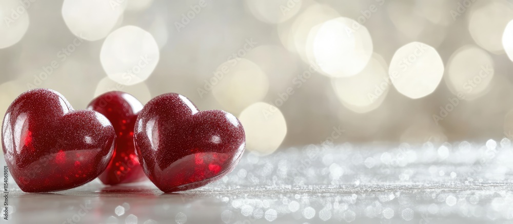 Poster red hearts resting on a sparkling bokeh background creating a romantic and festive design concept fo