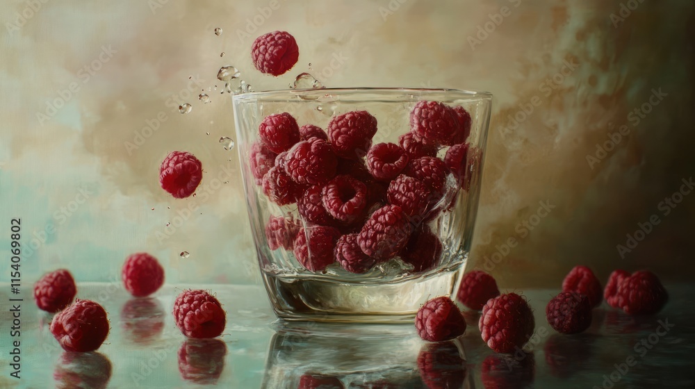 Poster fresh raspberries splashing from a glass bowl creating a vibrant and dynamic fruit scene on a reflec