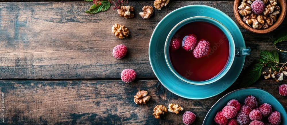 Poster raspberry tea in a turquoise cup accompanied by walnuts and frozen raspberries on a rustic wooden ta