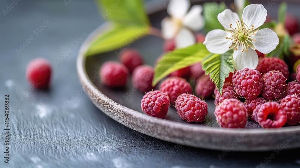 Poster fresh raspberries with delicate flowers on a dark plate soft focus and bokeh effect highlighting vib
