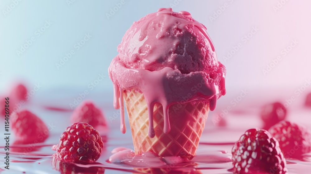 Poster delicious raspberry ice cream cone melting on a colorful background with fresh raspberries scattered