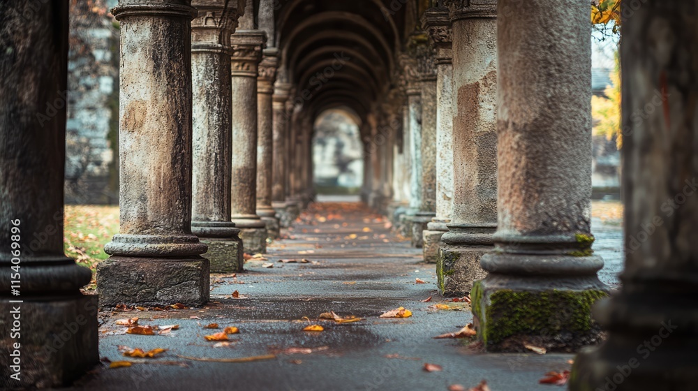 Poster row of ancient columns in an arched walkway surrounded by autumn leaves in a historic setting creati