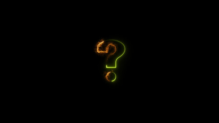 Abstract question mark neon bright lime green and orange color 4k illustration on black background.