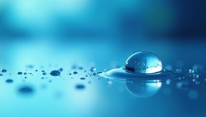 Tiny water droplet on the mirror's surface with blue and white background - tiny dew, small droplet, shine bright, glass