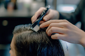 Fototapeta premium Portrait of a woman after getting a stylish new haircut in a salon generative ai