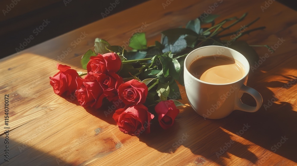 Poster roses and a coffee cup on a rustic wooden table creating a warm and inviting atmosphere for relaxati