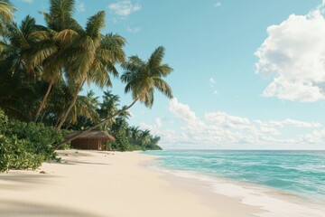 Fototapeta premium Serene Tropical Beach with Palm Trees and Calm Aqua Ocean Waves