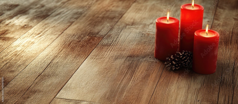 Aufkleber red advent candles glowing softly on rustic wooden floor with pine cones, creating a warm and festiv
