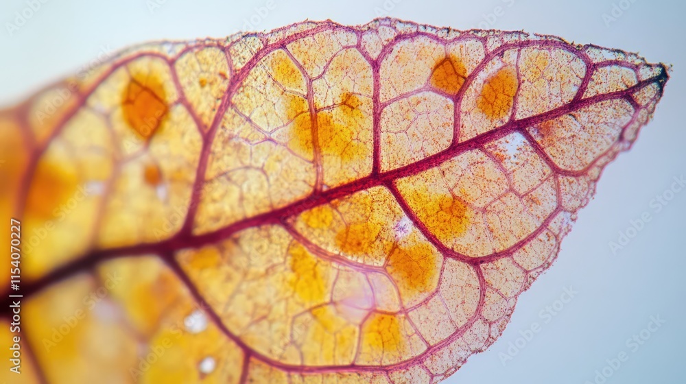 Poster microscopic view of decaying leaf showcasing intricate patterns and vibrant colors in nature's decom