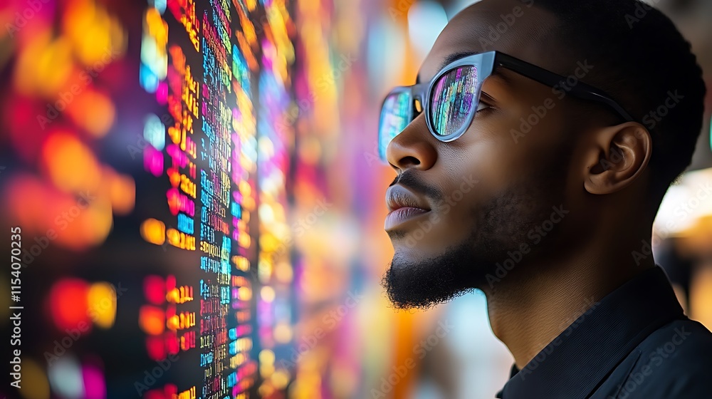 Poster man observing vibrant colorful data display