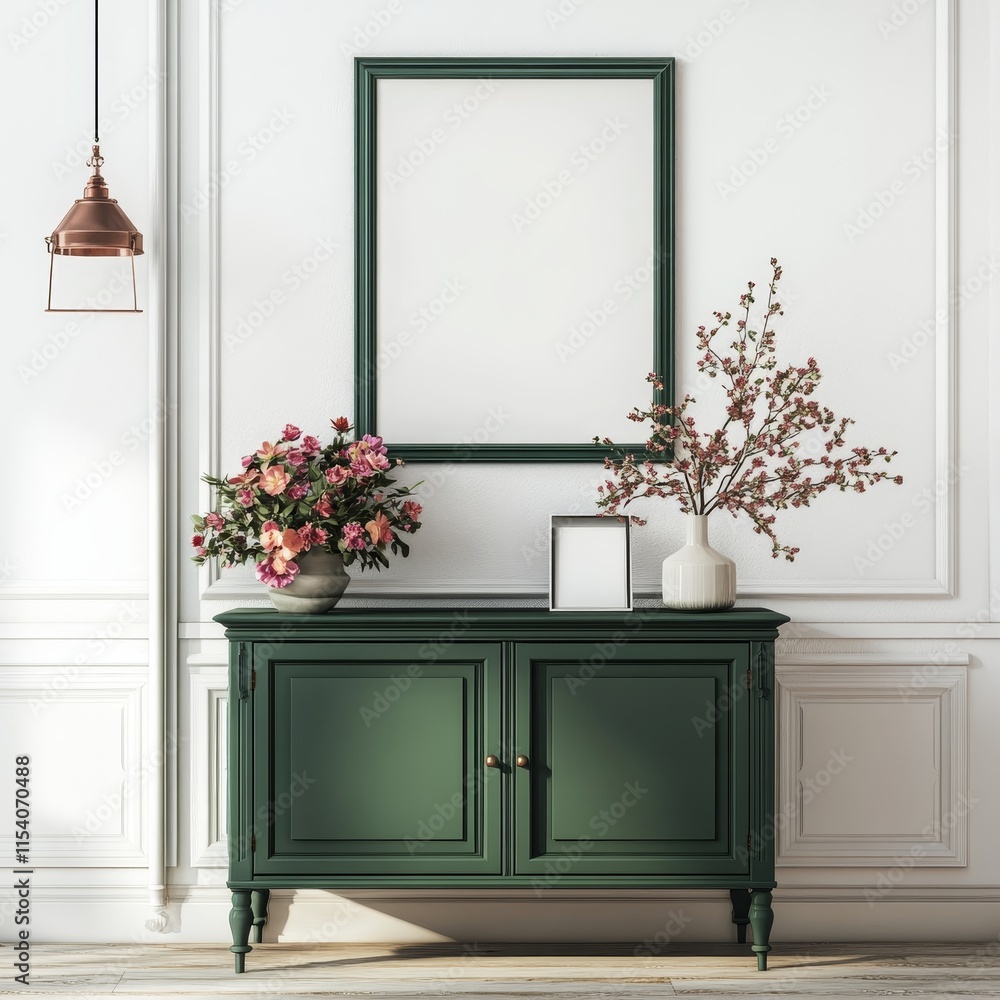 Aufkleber elegant green sideboard with flower arrangements and empty frame in a well-lit modern interior desig