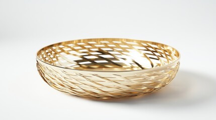 Elegant round woven basket with a sleek gold finish on a clean white background for contemporary decor and design inspiration