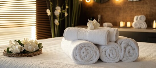 Neatly arranged rolled white towels on a serene spa bed surrounded by flowers and soft lighting for relaxation and pampering ambiance